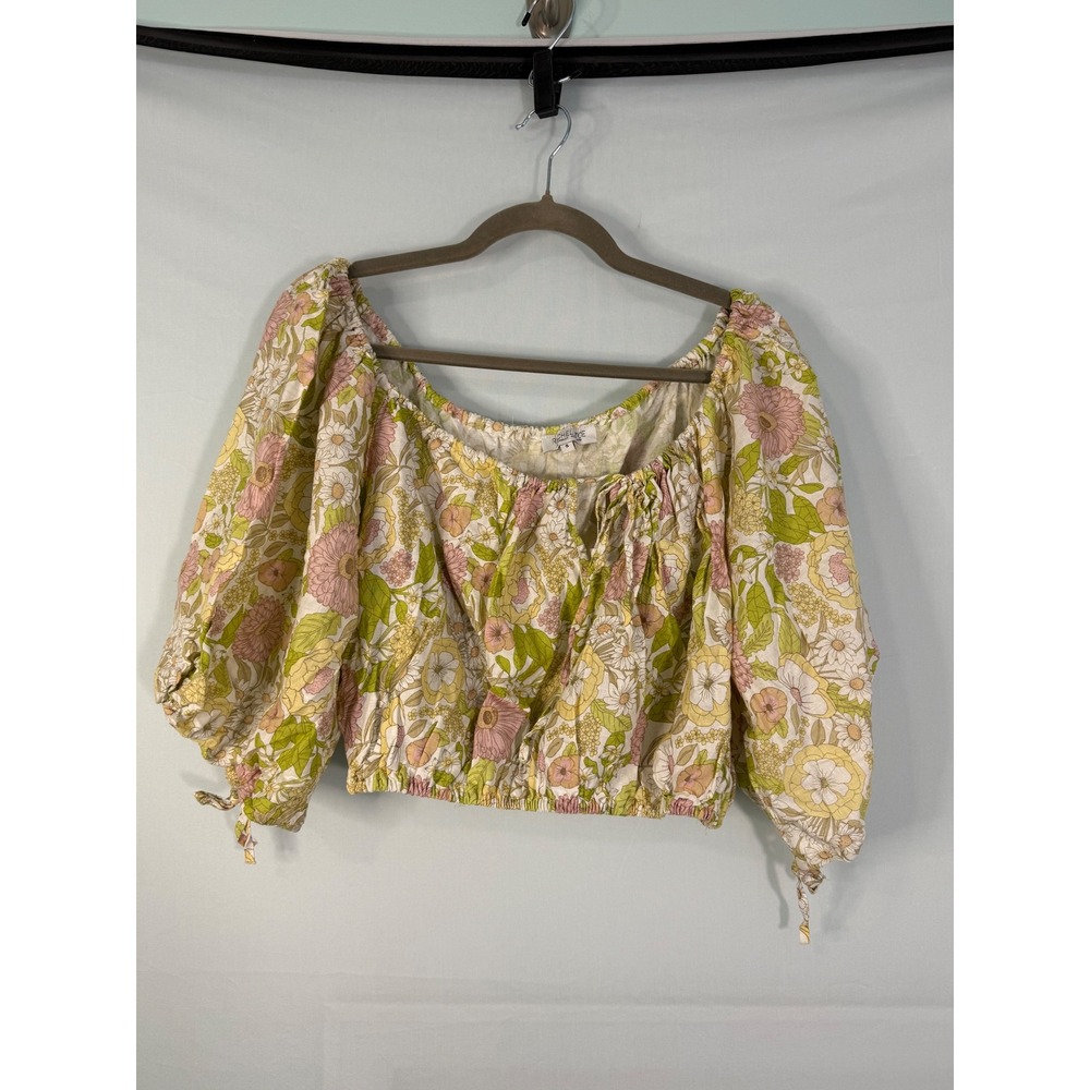 Rachel Zoe Floral Crop Top Women Small Green Pink Linen Blend Puff Sleeve Boho